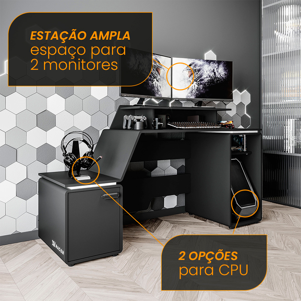 Mesa Gamer XT Racer Space Two 1 PT Preta e Branca