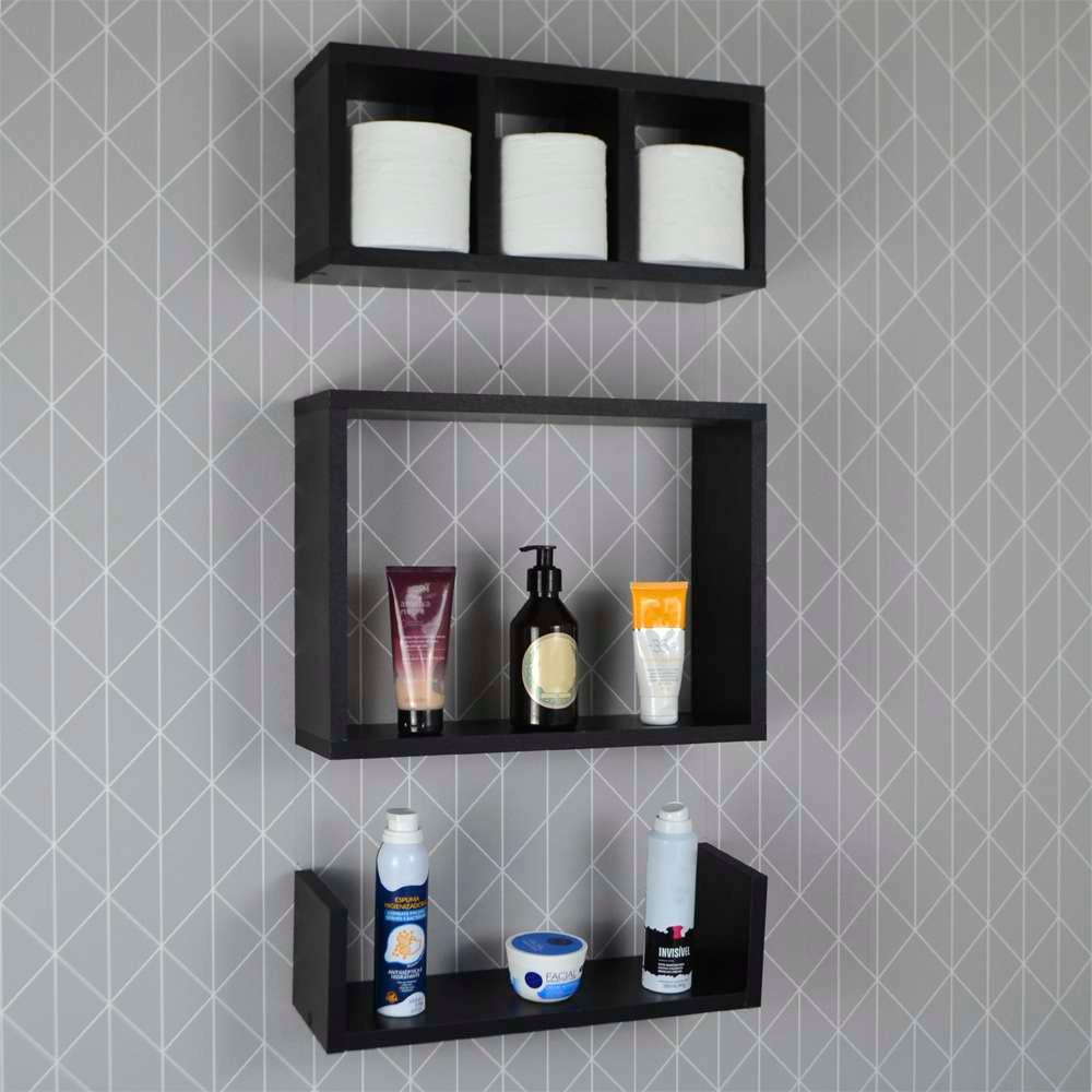 Conjunto Kit 3 Nichos Prateleiras Decorativas Preta para Banheiro