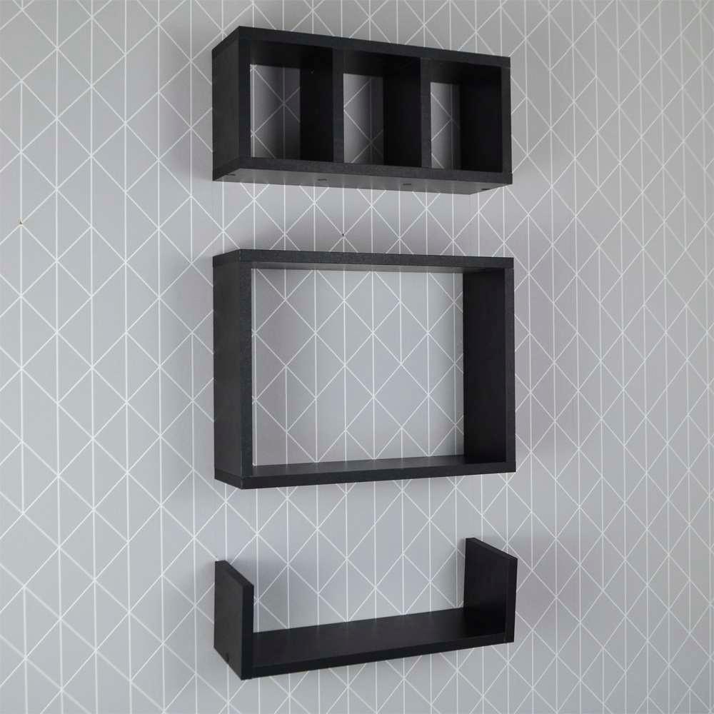 Conjunto Kit 3 Nichos Prateleiras Decorativas Preta para Banheiro