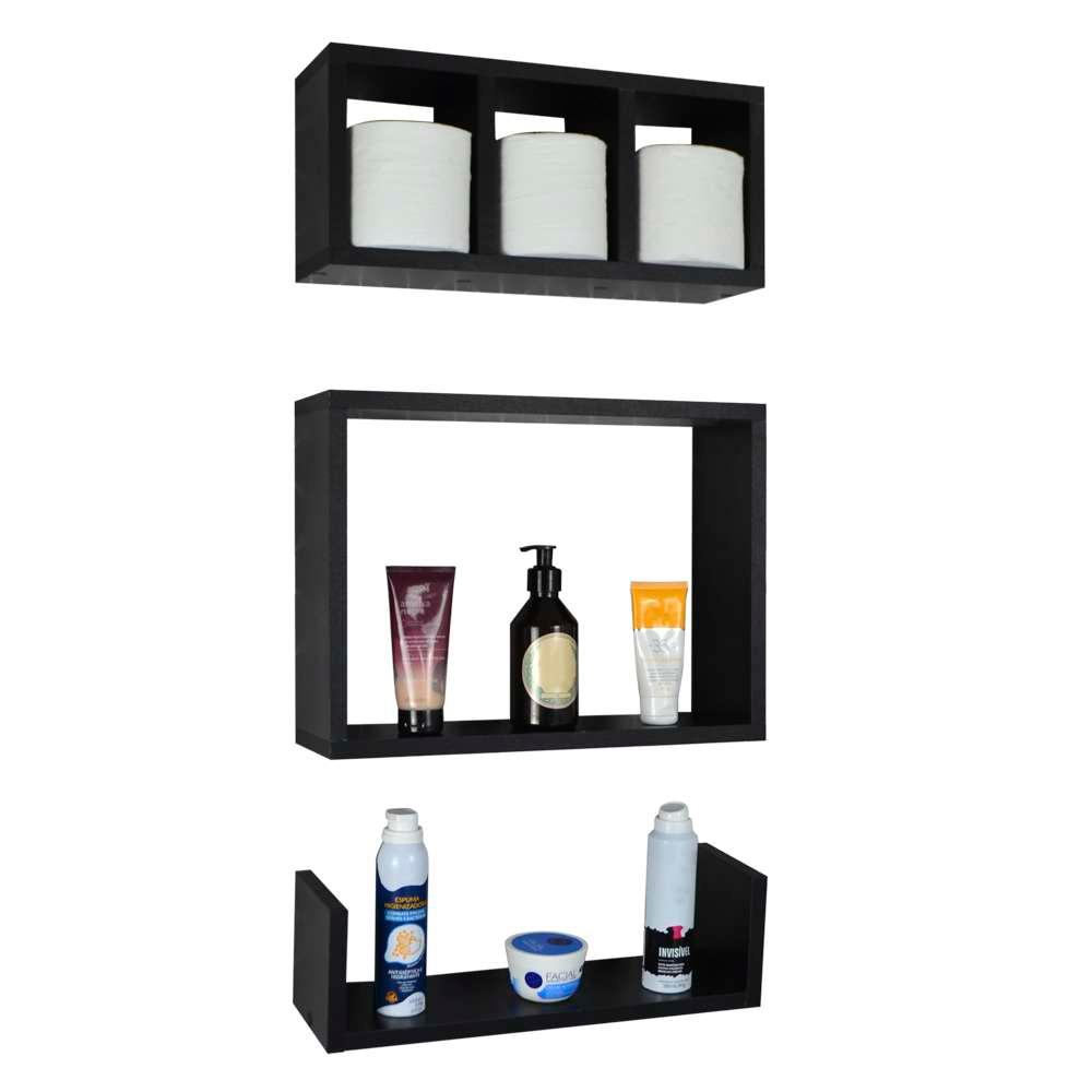Conjunto Kit 3 Nichos Prateleiras Decorativas Preta para Banheiro