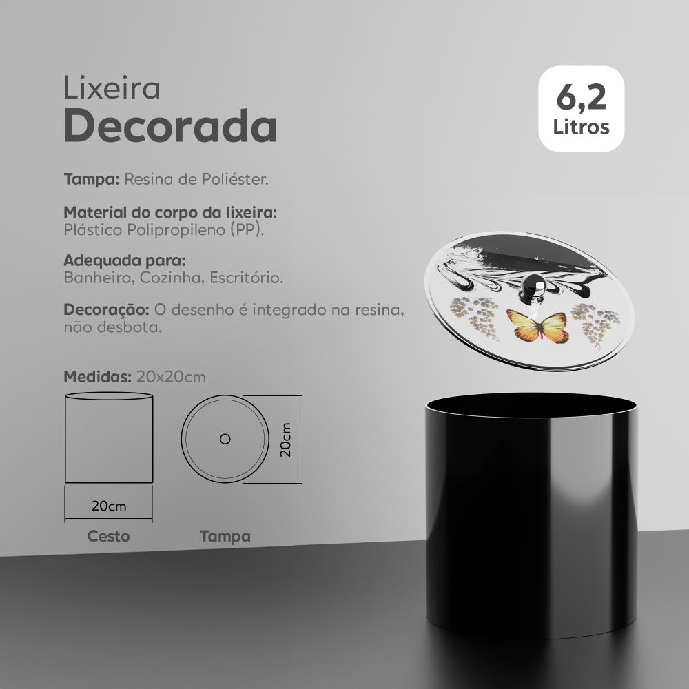 Lixeira Decorada Preta com Borboleta Amarela - 20 x 20cm - 6,2 litros