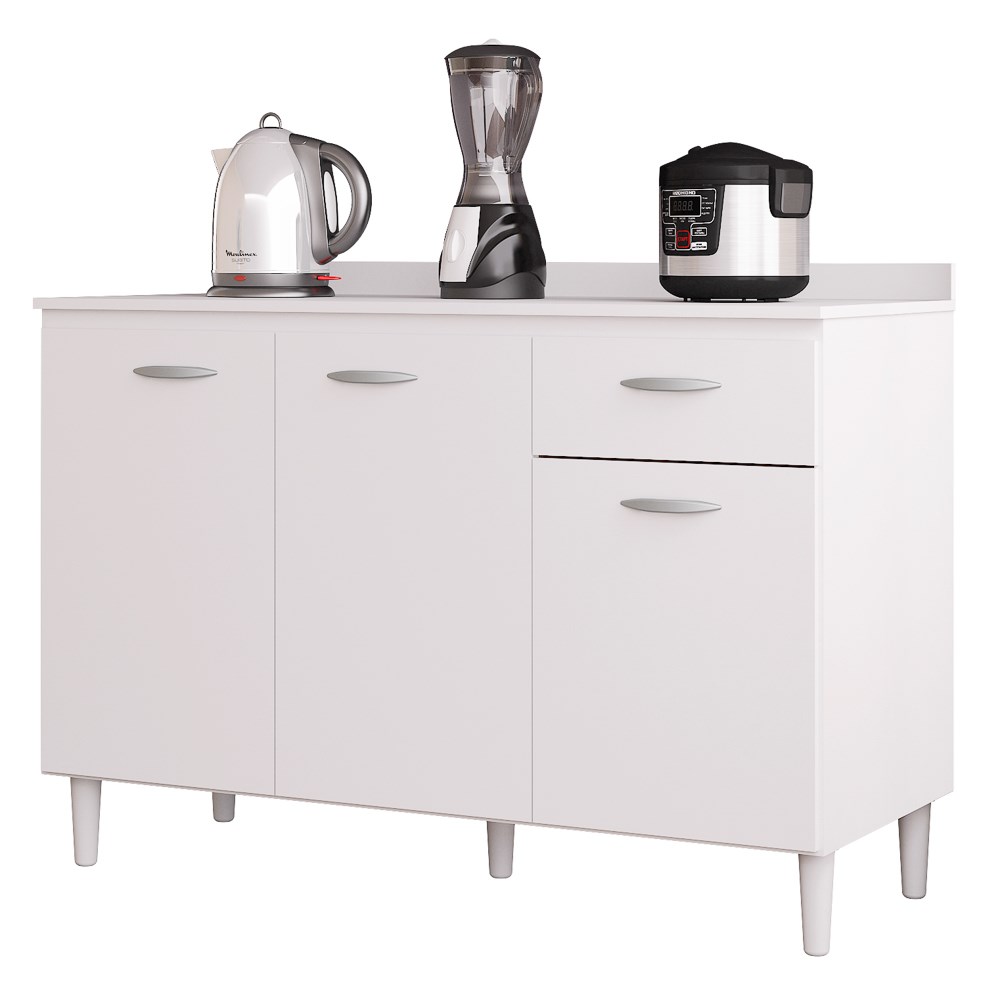 Balcão 120cm 3 Portas 1 Gaveta Branco  - Poquema