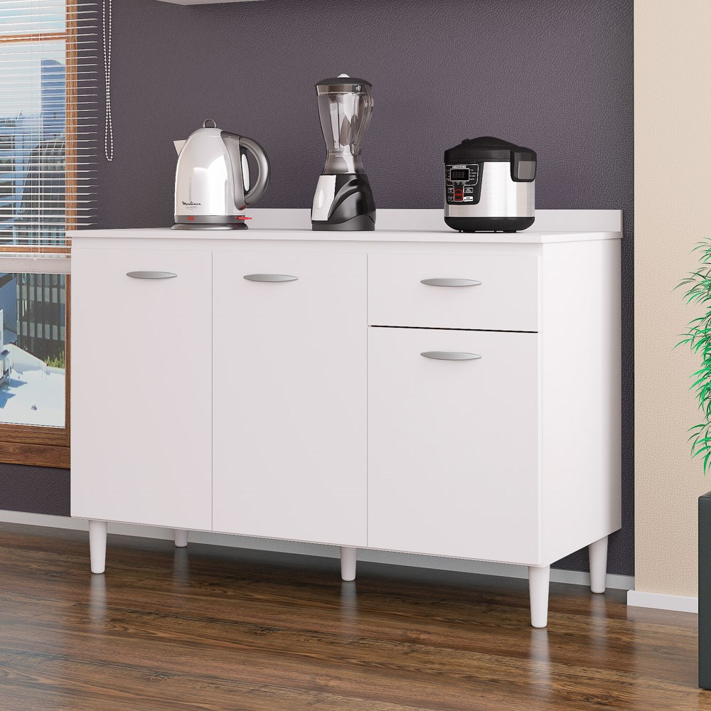 Balcão 120cm 3 Portas 1 Gaveta Branco  - Poquema