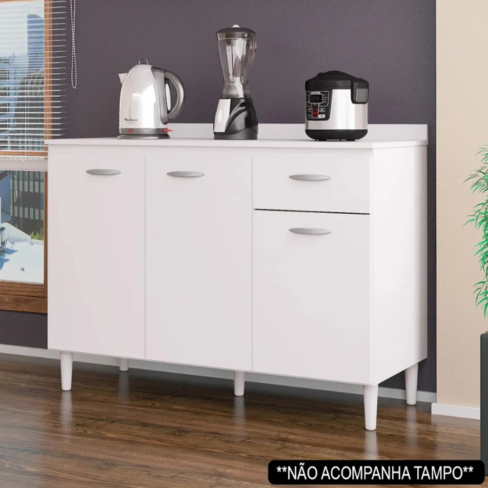Balcão 120cm 3 Portas 1 Gaveta Branco  - Poquema