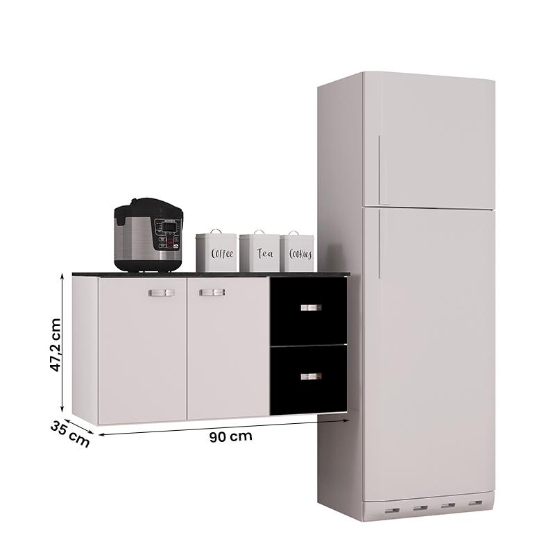 Balcão Aereo Julia com Tampo 2 Portas e 2 Gavetas Branco/Preto
