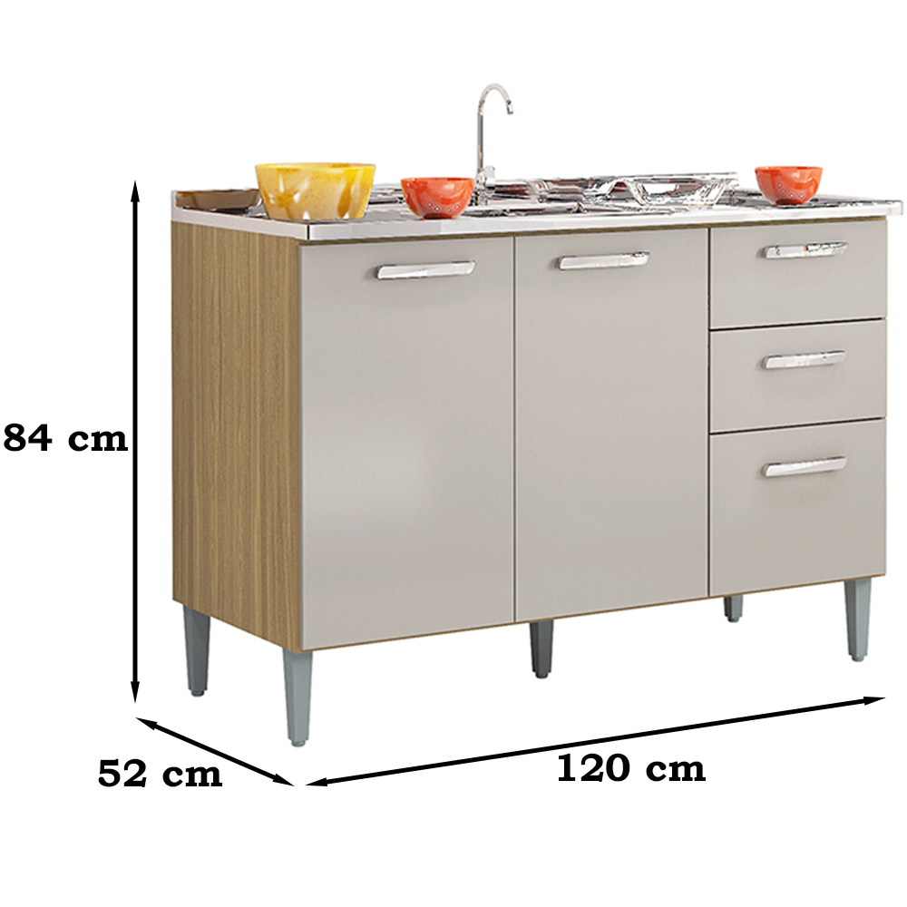 Balcao Para Pia 3 Portas 120 cm 508 Damasco Off White POQQ