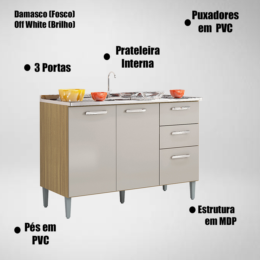 Balcao Para Pia 3 Portas 120 cm 508 Damasco Off White POQQ