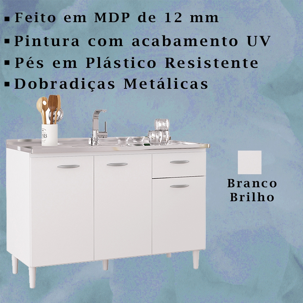 Balcao Pia 120cm 3 Portas 434 Branco POQQ