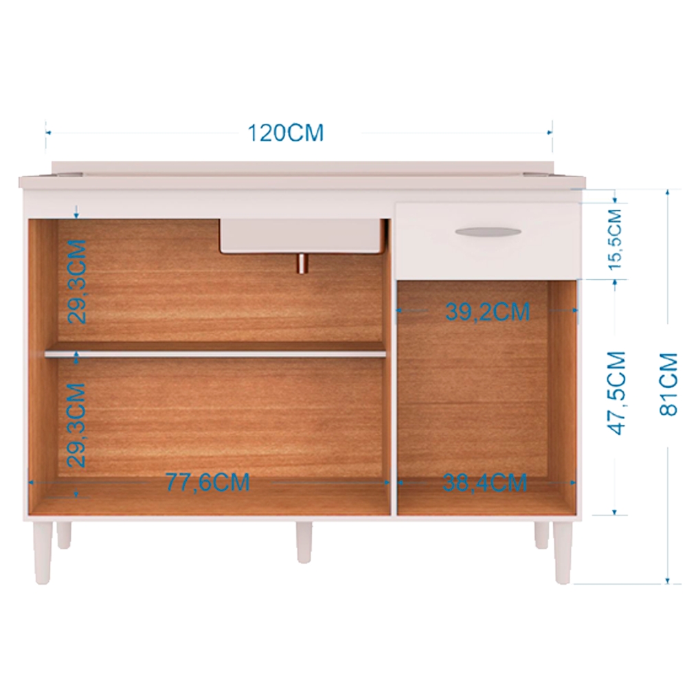 Balcao Pia 120cm 3 Portas 434 Branco POQQ