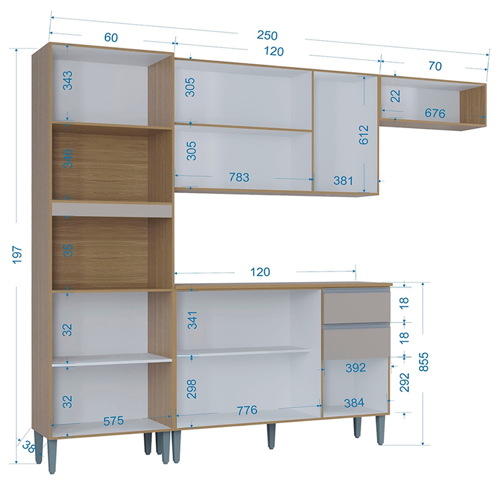 Cozinha Compacta 250 cm Balcao 705 Damasco Off White POQQ
