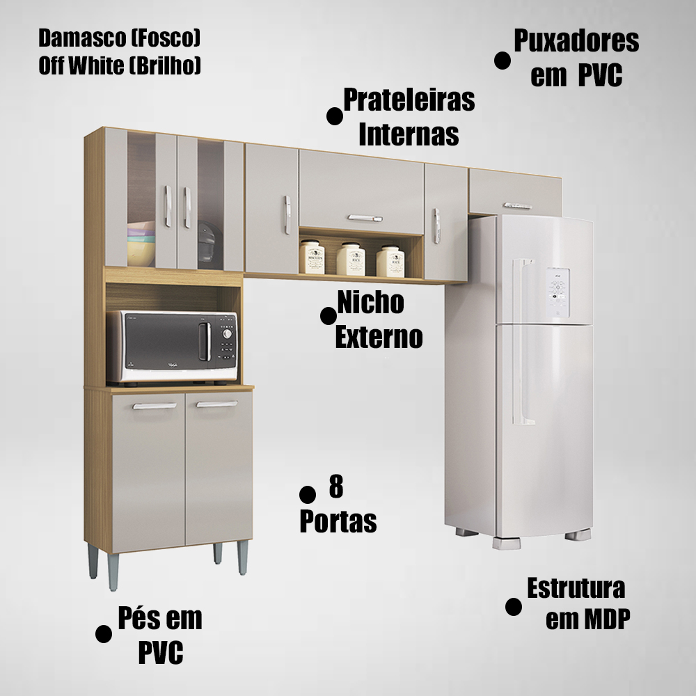 Cozinha Compacta 8 Portas 244 cm 506 Damasco Off White POQQ