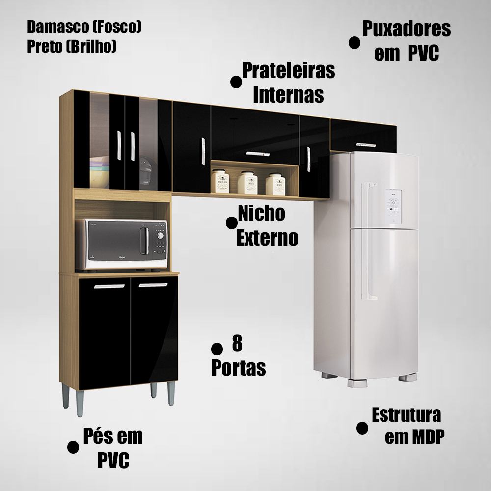 Cozinha Compacta 8 Portas 244 cm 506 Damasco Preto POQQ