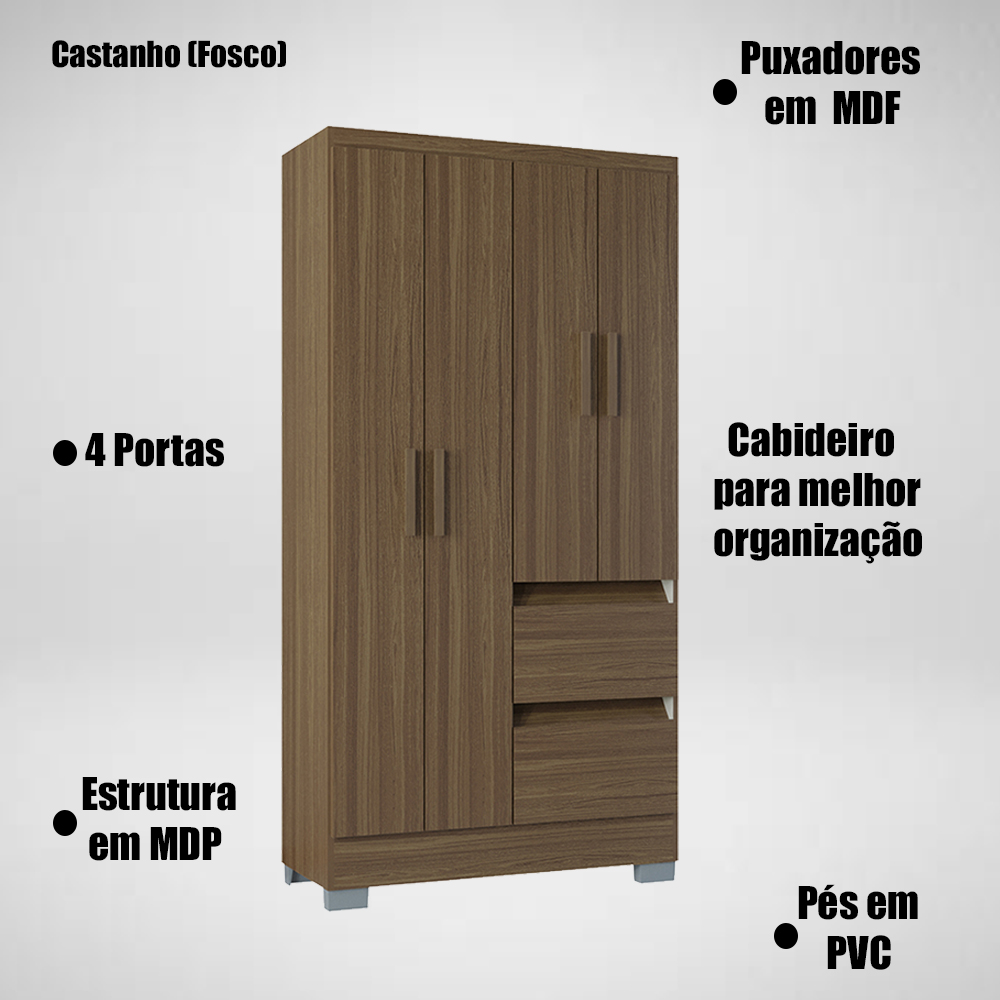 Guarda Roupa Solteiro 4 Portas 91 cm 948 Castanho POQQ