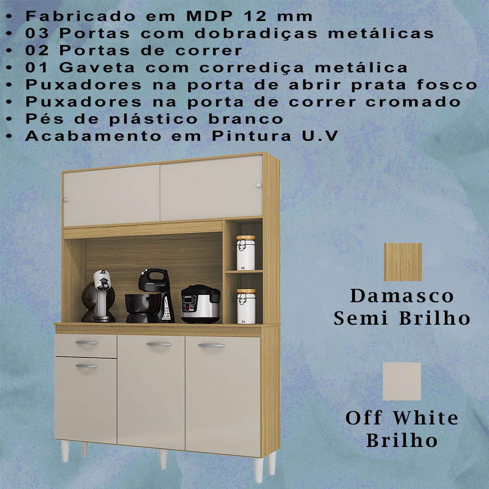 Kit Armario Cozinha 5 Portas 882 Damasco Off White POQQ