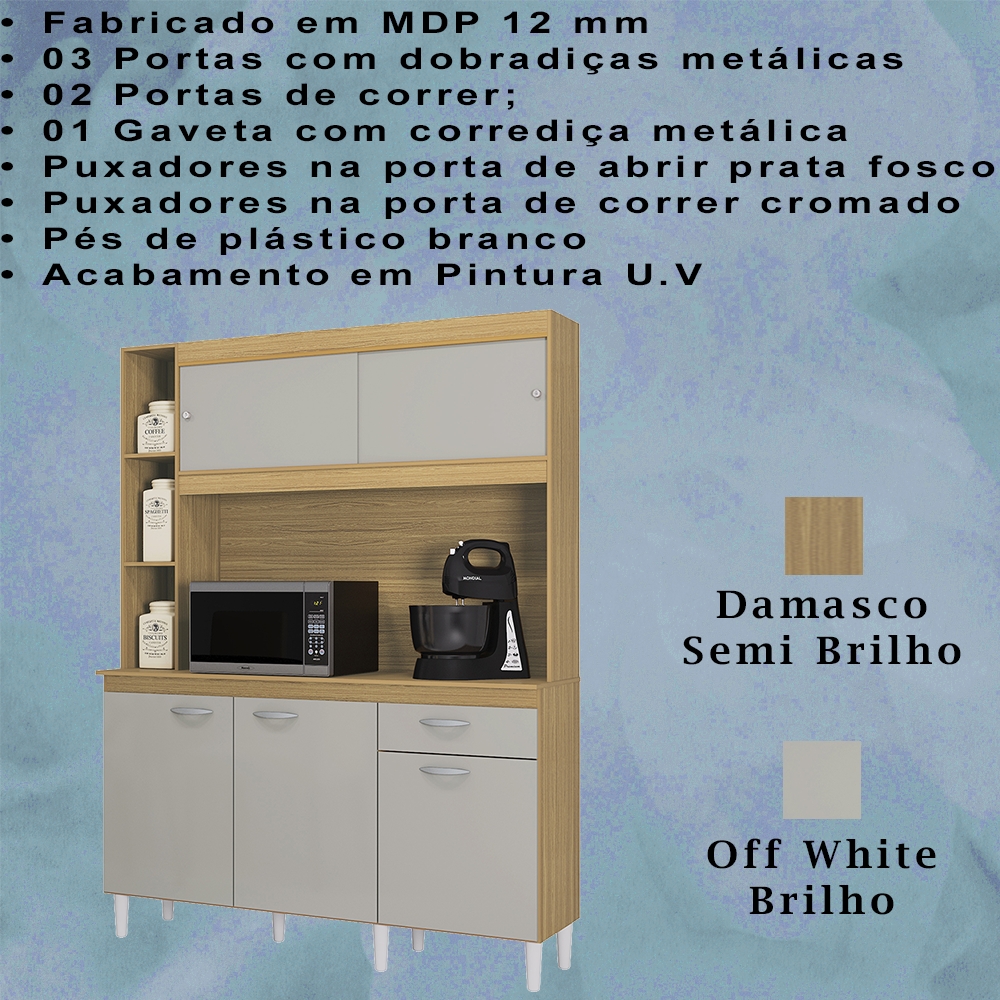 Kit Armario Cozinha 5 Portas 883 Damasco Off White POQQ
