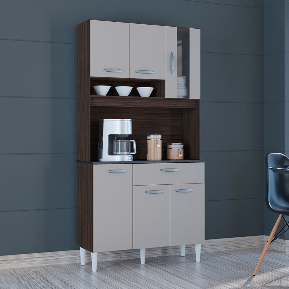 Kit Armario Cozinha 6 Portas 558 Chocolate Off White POQQ