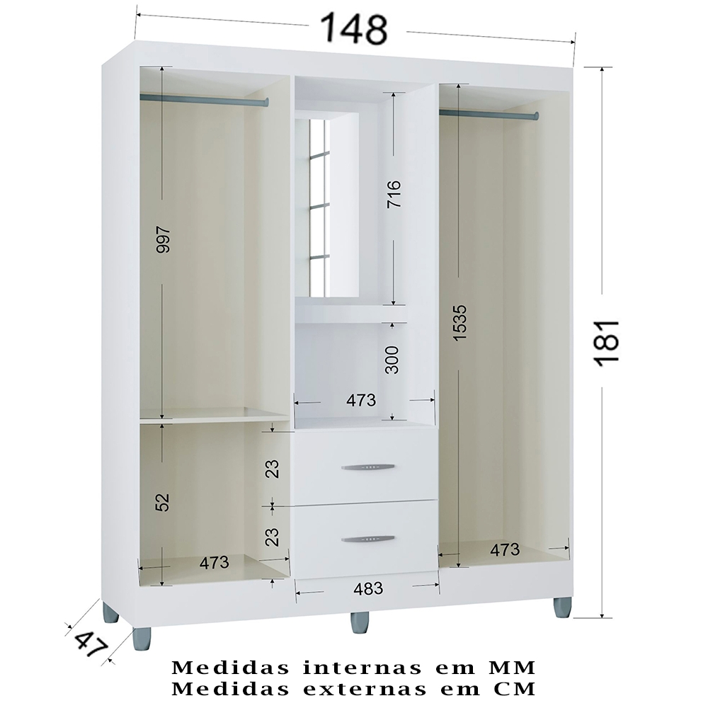 Roupeiro 4 Portas Com Espelho 966 Branco POQQ