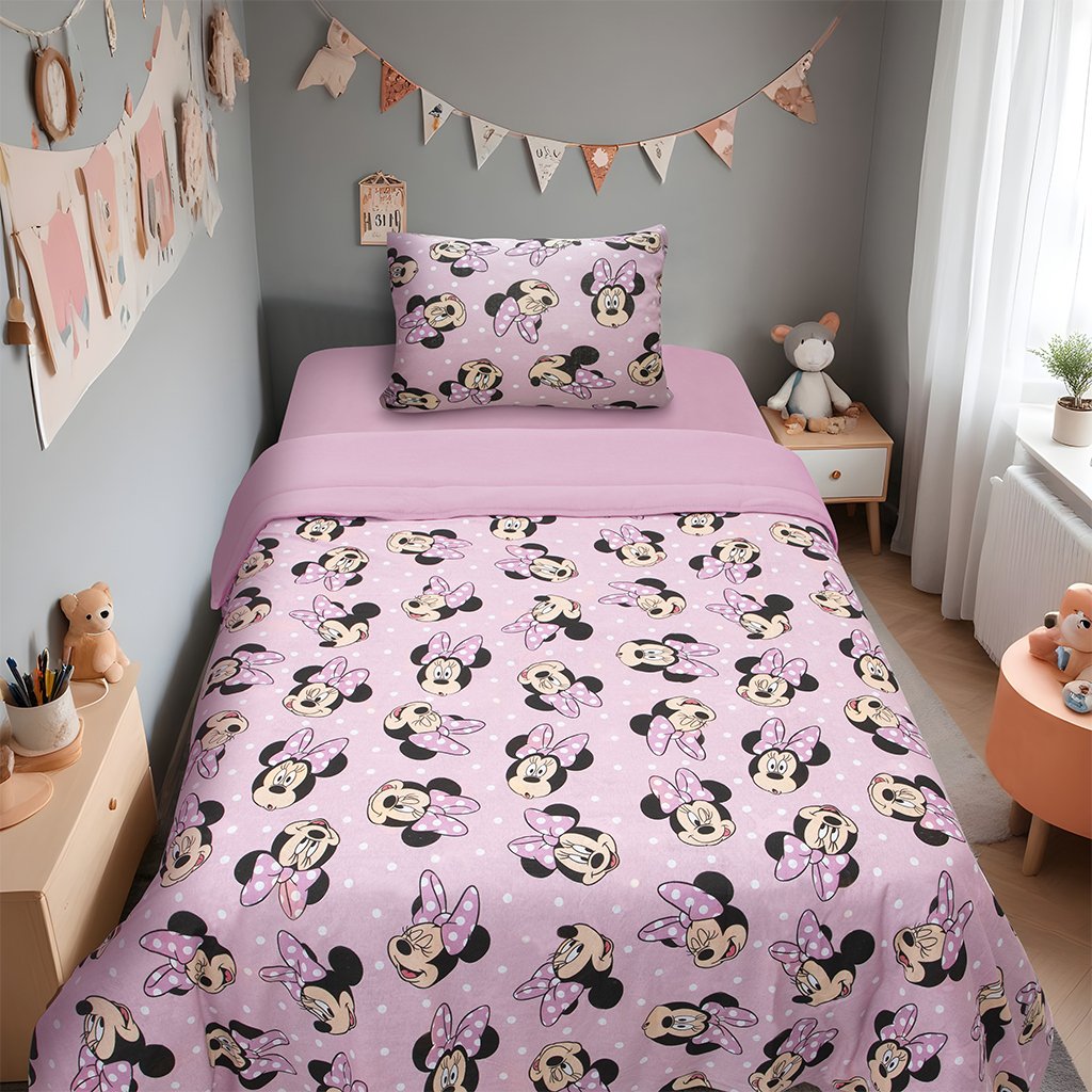 Edredom Casal Mickey &amp; Minnie Disney Malha 100% Algodão 200x220cm Big Minnie/Rosa Cravo