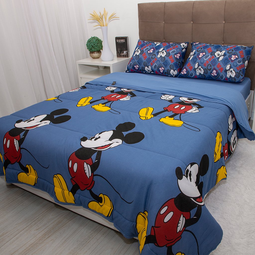 Edredom Casal Mickey &amp; Minnie Disney Malha 100% Algodão 200x220cm Mickey Mouse Jeans