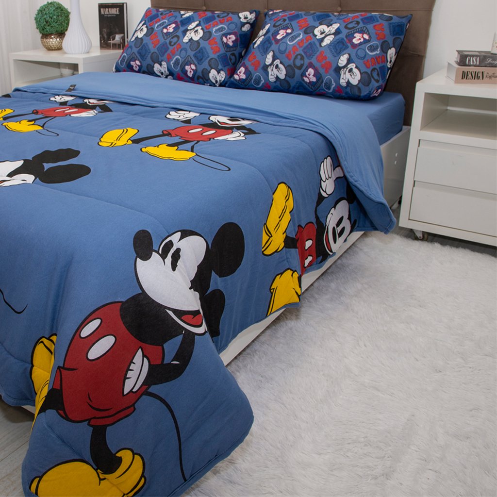 Edredom Casal Mickey &amp; Minnie Disney Malha 100% Algodão 200x220cm Mickey Mouse Jeans