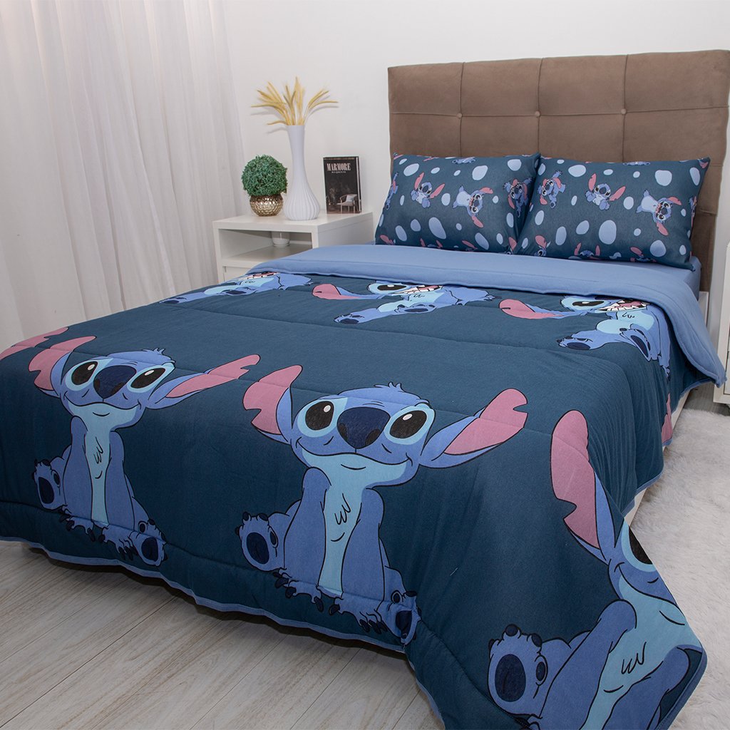 Edredom Casal Stitch Disney 200x220cm 100% Algodão Big Stitch Blue