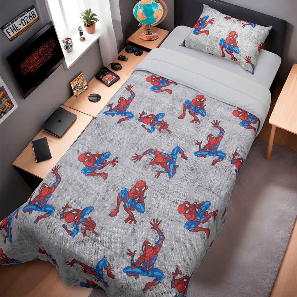 Edredom Solteiro Homem Aranha Marvel 150x220cm 100% Algodão Spider Wall Cinza