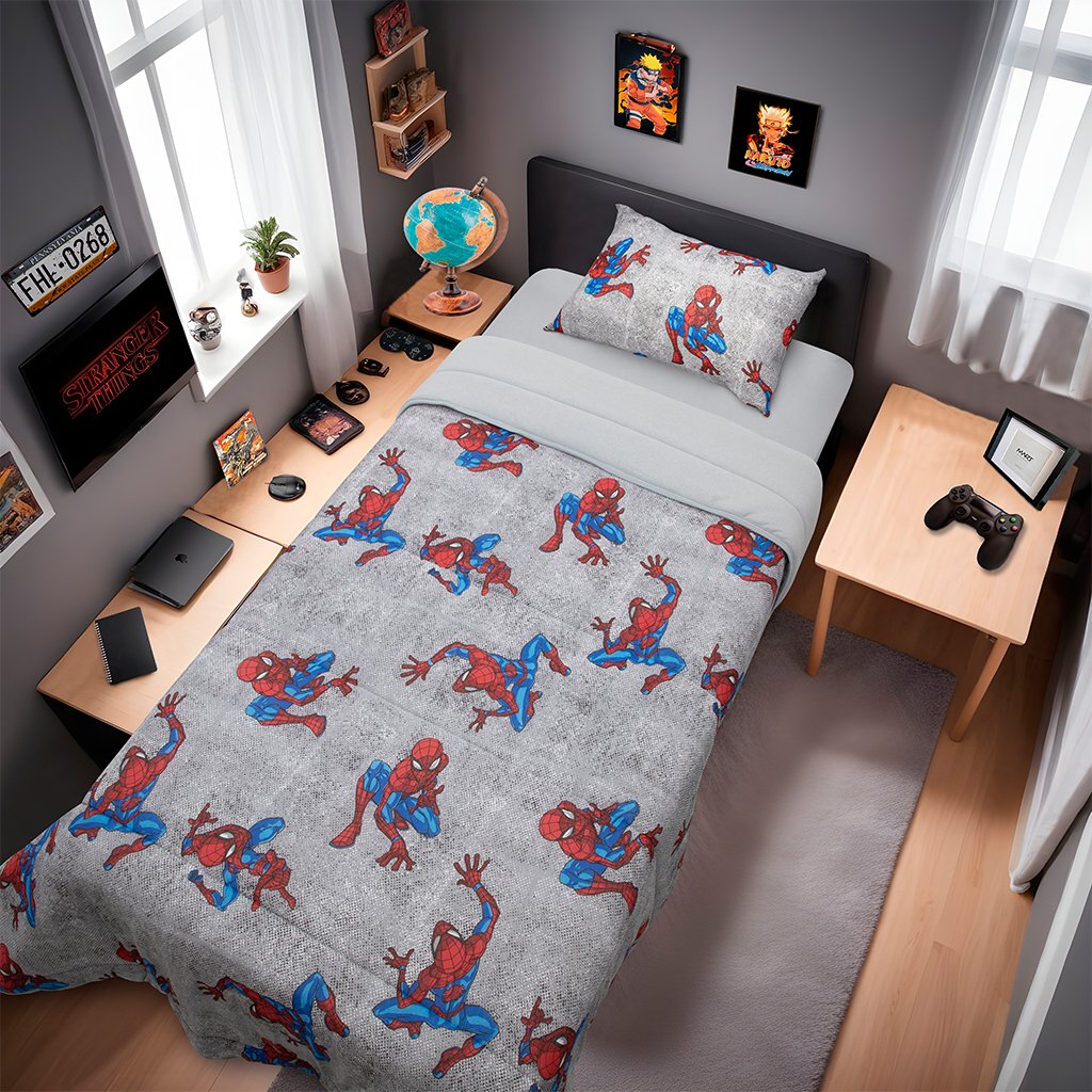 Edredom Solteiro Homem Aranha Marvel 150x220cm 100% Algodão Spider Wall Cinza