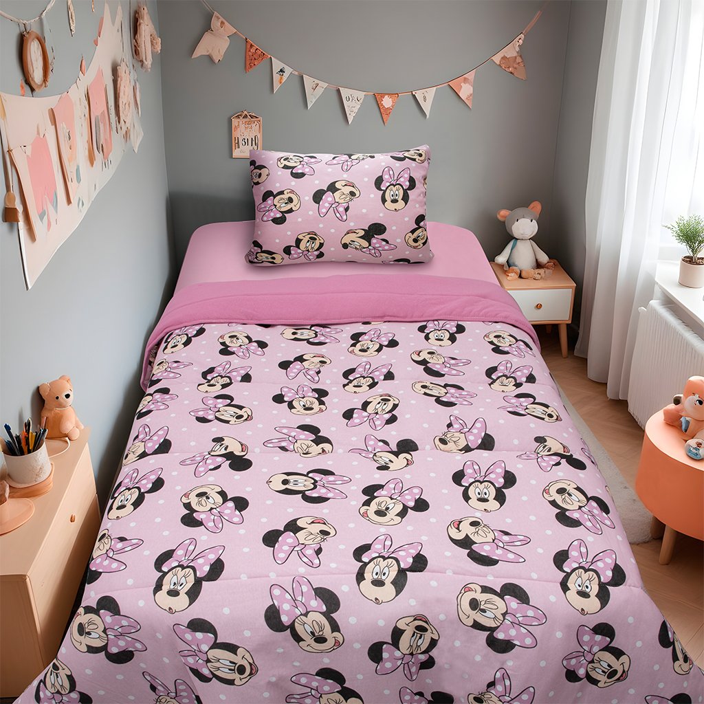 Edredom Solteiro Mickey &amp; Minnie Disney Malha 100% Algodão 150x220cm Big Minnie/Rosa Cravo