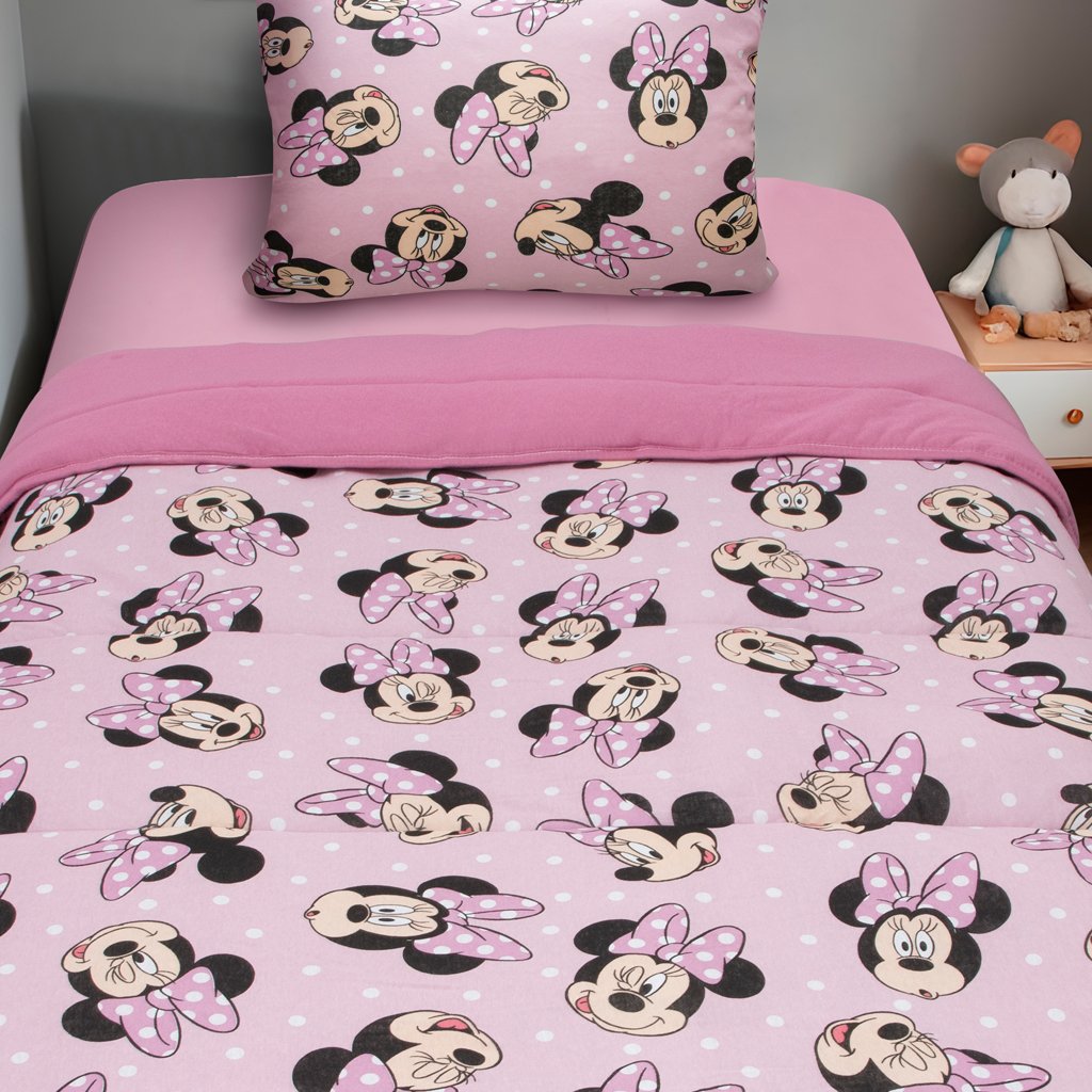 Edredom Solteiro Mickey &amp; Minnie Disney Malha 100% Algodão 150x220cm Big Minnie/Rosa Cravo