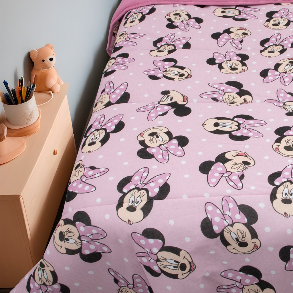 Edredom Solteiro Mickey &amp; Minnie Disney Malha 100% Algodão 150x220cm Big Minnie/Rosa Cravo