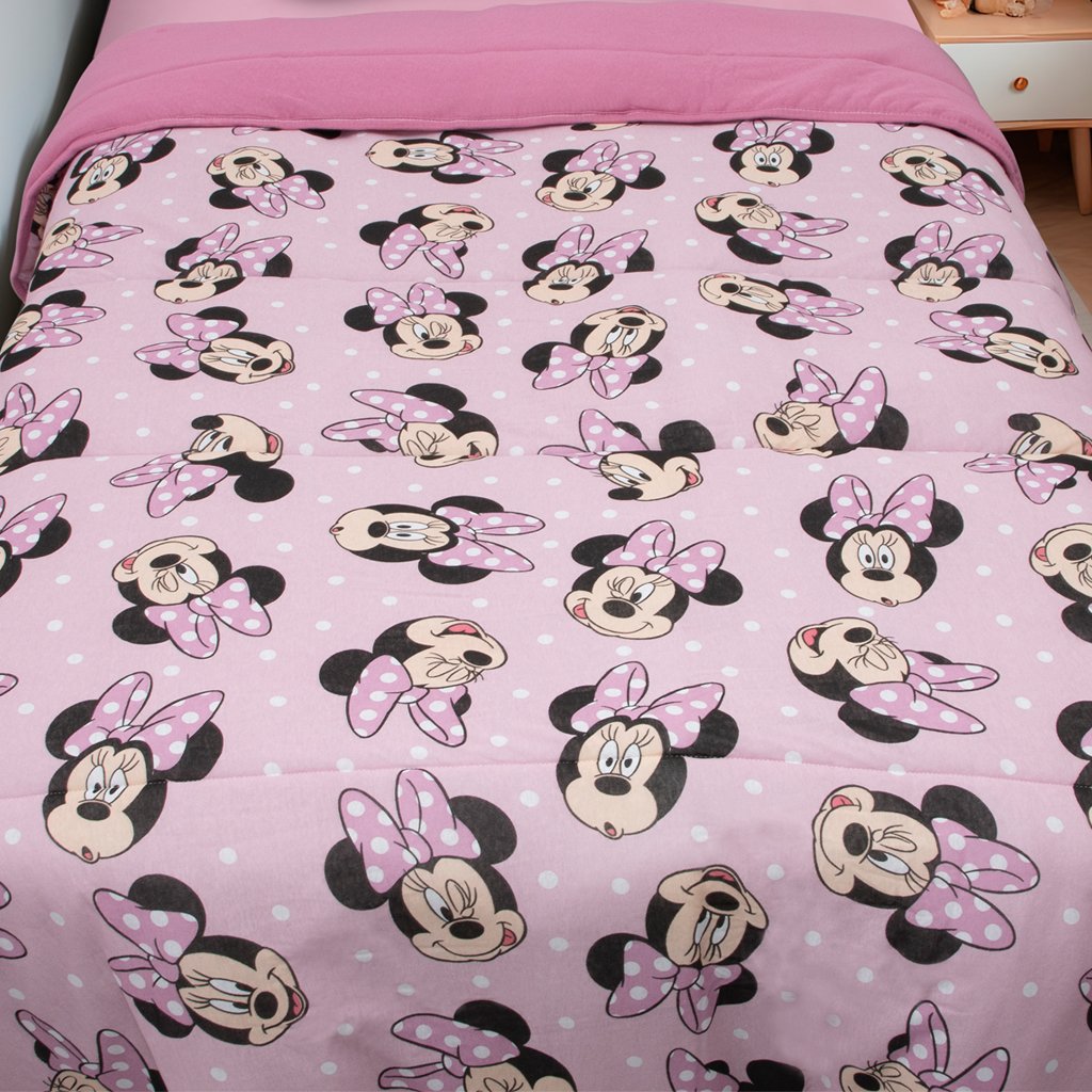 Edredom Solteiro Mickey &amp; Minnie Disney Malha 100% Algodão 150x220cm Big Minnie/Rosa Cravo