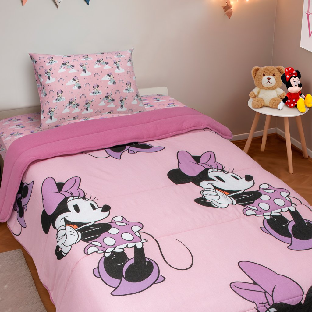Edredom Solteiro Mickey &amp; Minnie Disney Malha 100% Algodão 150x220cm Minnie Beauty Rosa