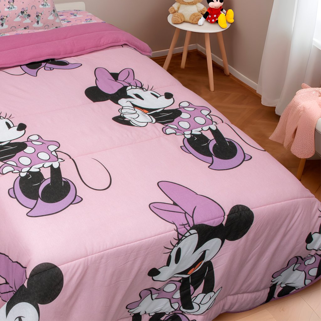 Edredom Solteiro Mickey &amp; Minnie Disney Malha 100% Algodão 150x220cm Minnie Beauty Rosa