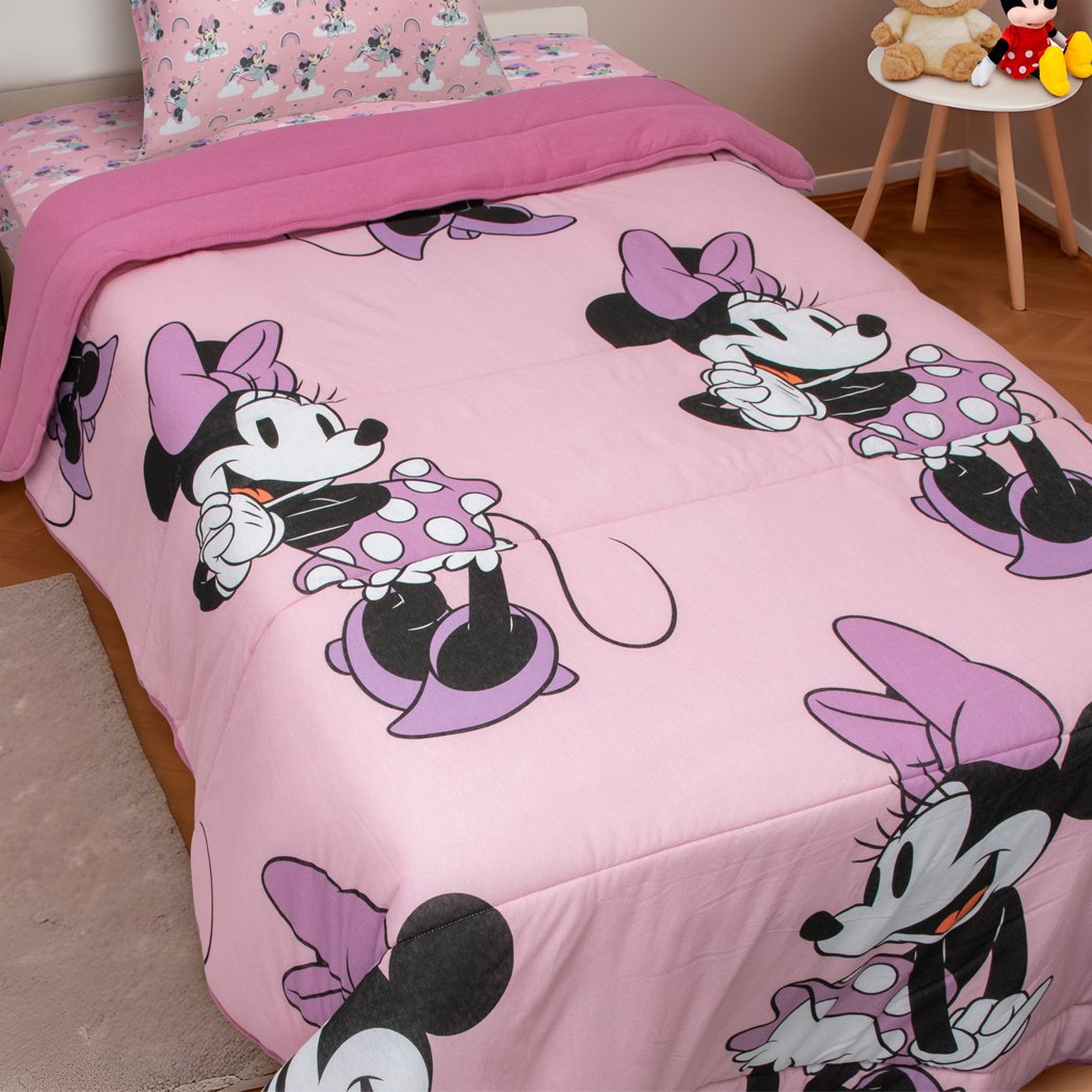 Edredom Solteiro Mickey &amp; Minnie Disney Malha 100% Algodão 150x220cm Minnie Beauty Rosa