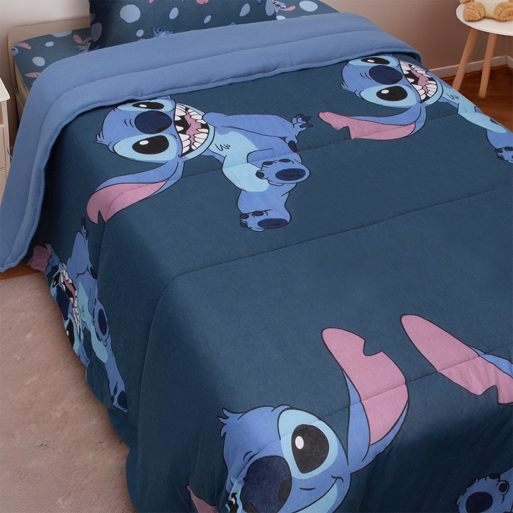 Edredom Solteiro Stitch Disney 150x220cm 100% Algodão Big Stitch Blue
