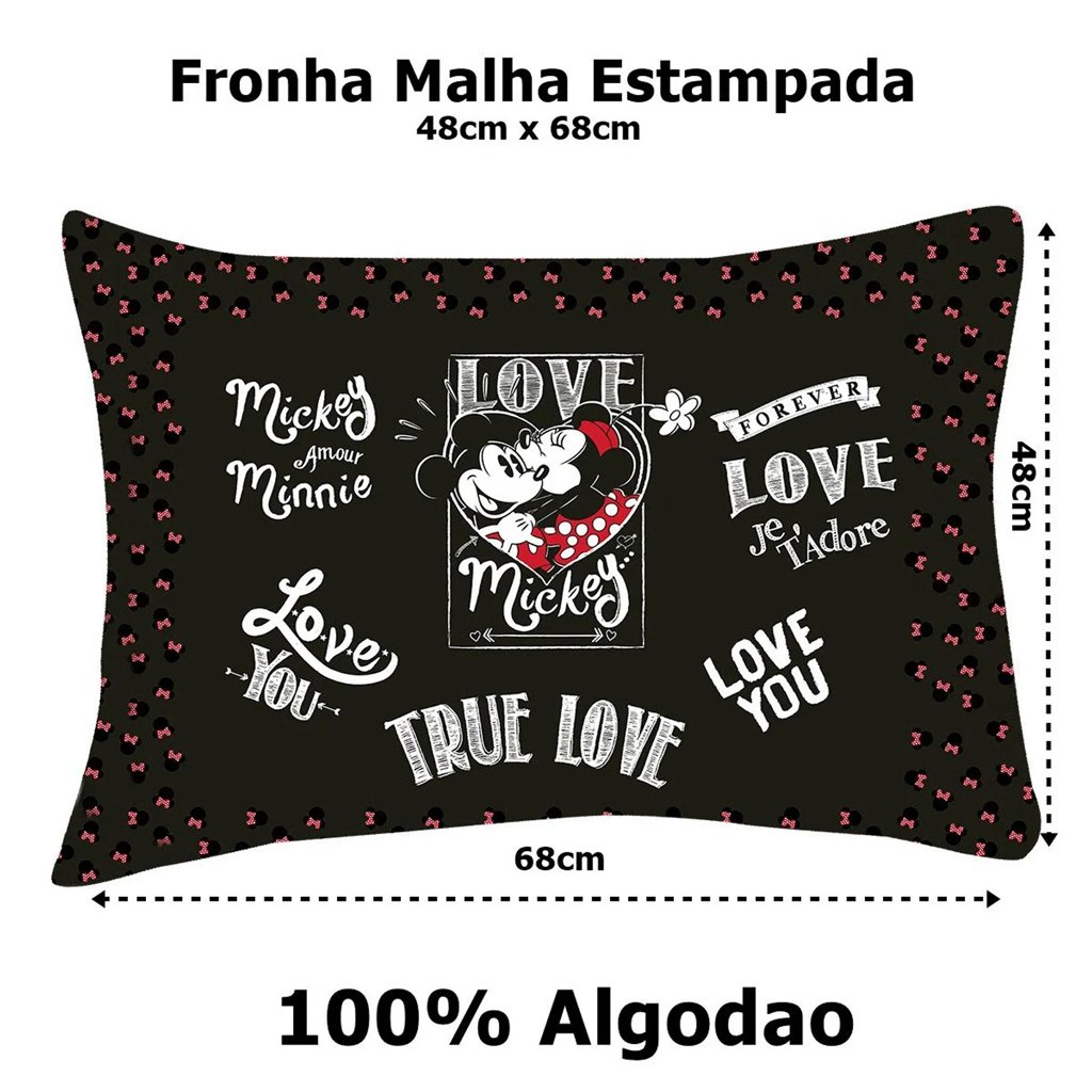 Fronha Avulsa Mickey e Minnie 100% Algodão 48x68cm Preto
