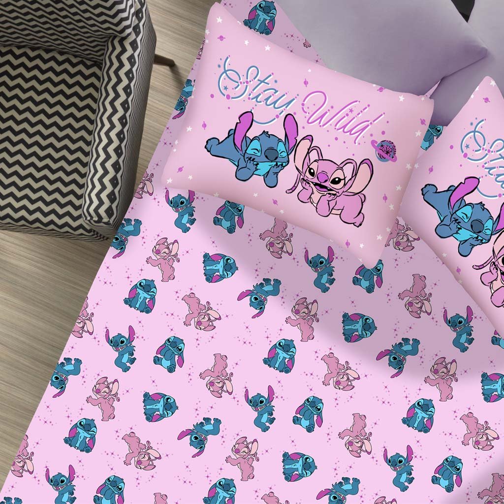 Jogo de Cama Casal 3 Pçs Stitch Disney 70% Algodão 30% Poliéster Stitch e Angel Love