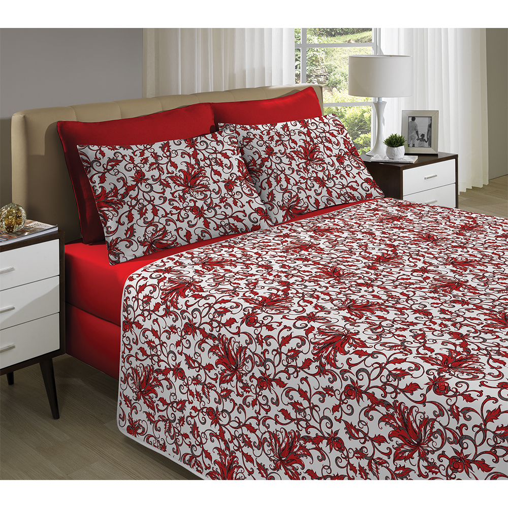 Jogo de Cama Malha 100% Algodão Solteiro Ramalhete Tomate Linha Casa Portallar 3 peças