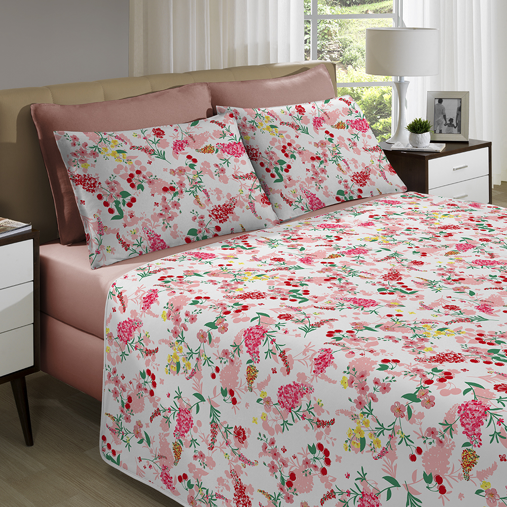Jogo de Cama Malha Algodão Solteiro Cereja Rosa Quartz Linha Casa Portallar 3 peças