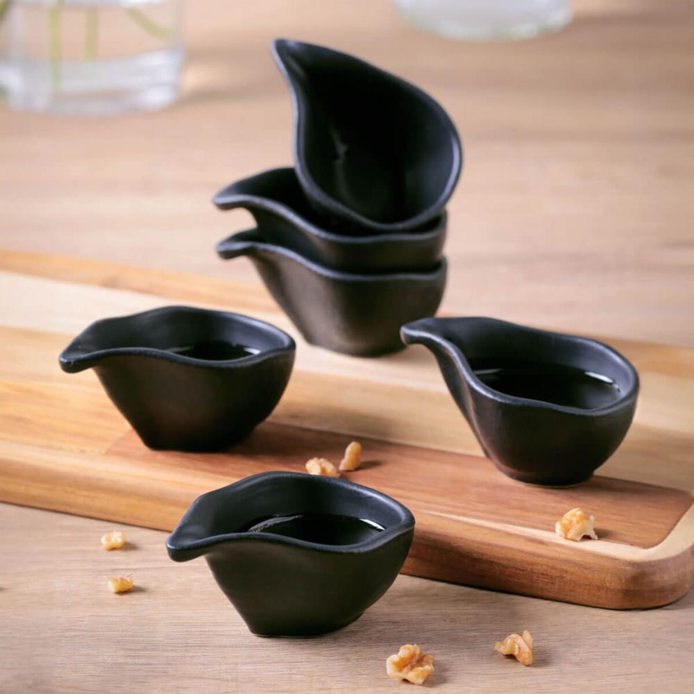 Kit 60 Molheiras 40ml Restaurante Japonês 8x6cm Cerâmica Orgânico Preto Matte Buffet Porto Brasil Oval