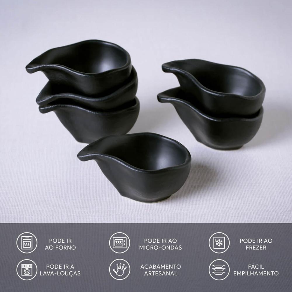 Kit 60 Molheiras 40ml Restaurante Japonês 8x6cm Cerâmica Orgânico Preto Matte Buffet Porto Brasil Oval