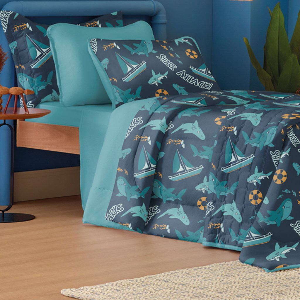 Edredom Casal Estampado Atlantix 200x220cm 100% Algodão Shark