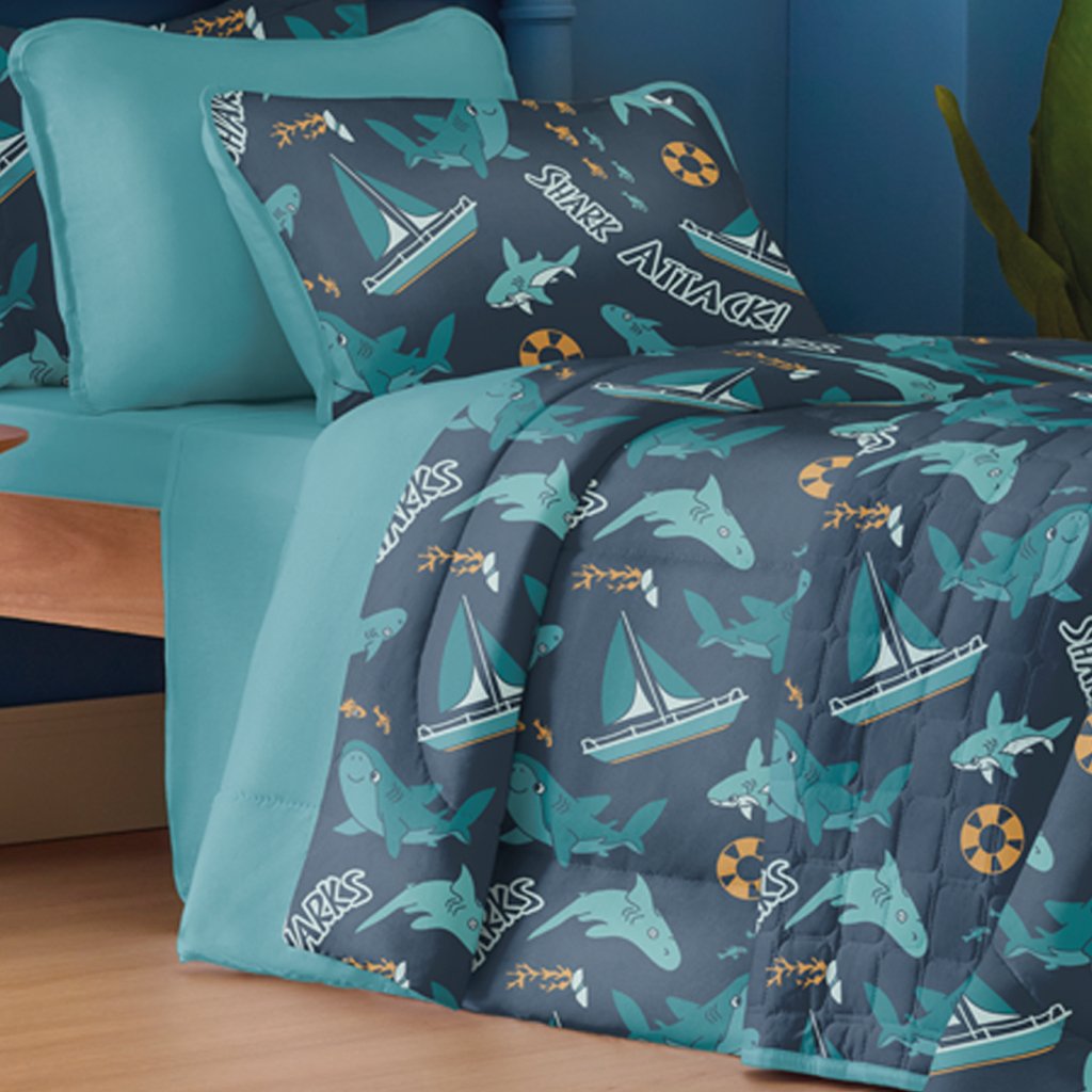 Edredom Solteiro Estampado Atlantix 150x220cm 100% Algodão Shark