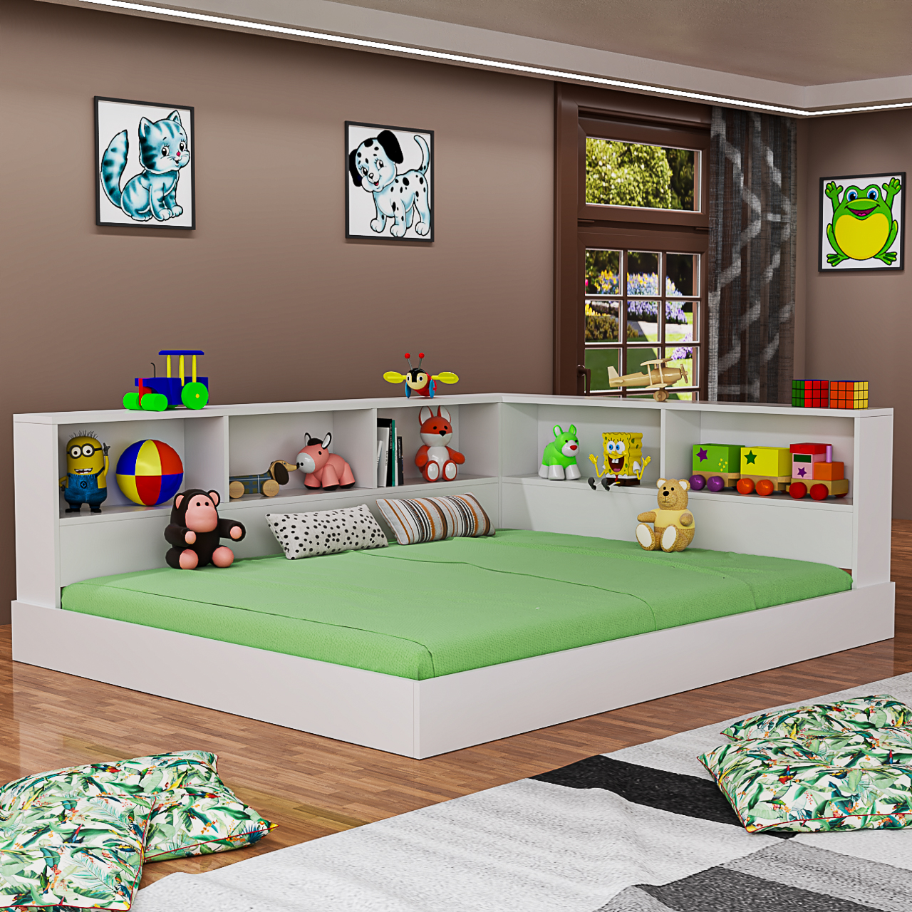 Cama Casal Plataforma Com Estante Em L Com Nichos Em MDF