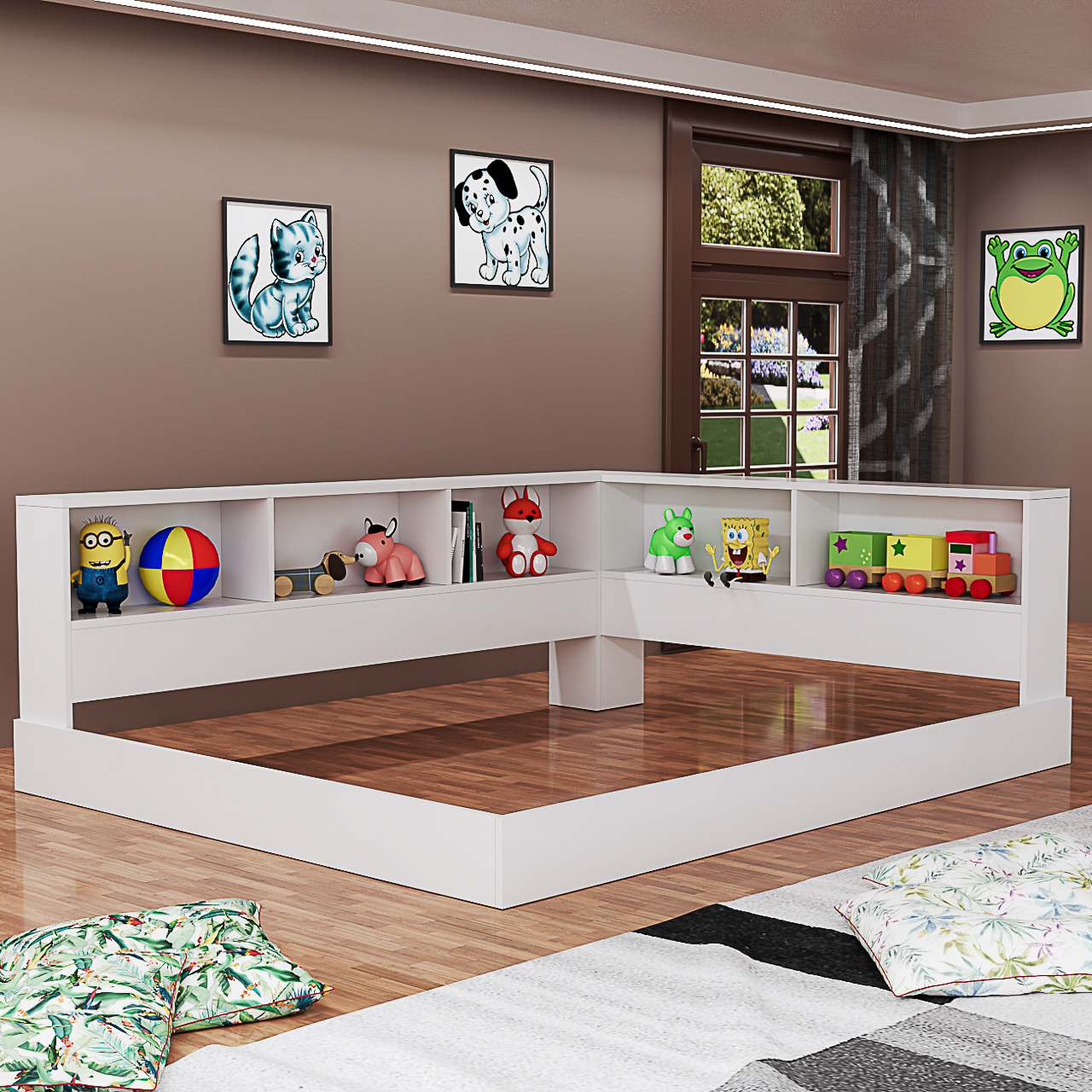 Cama Casal Plataforma Com Estante Em L Com Nichos Em MDF