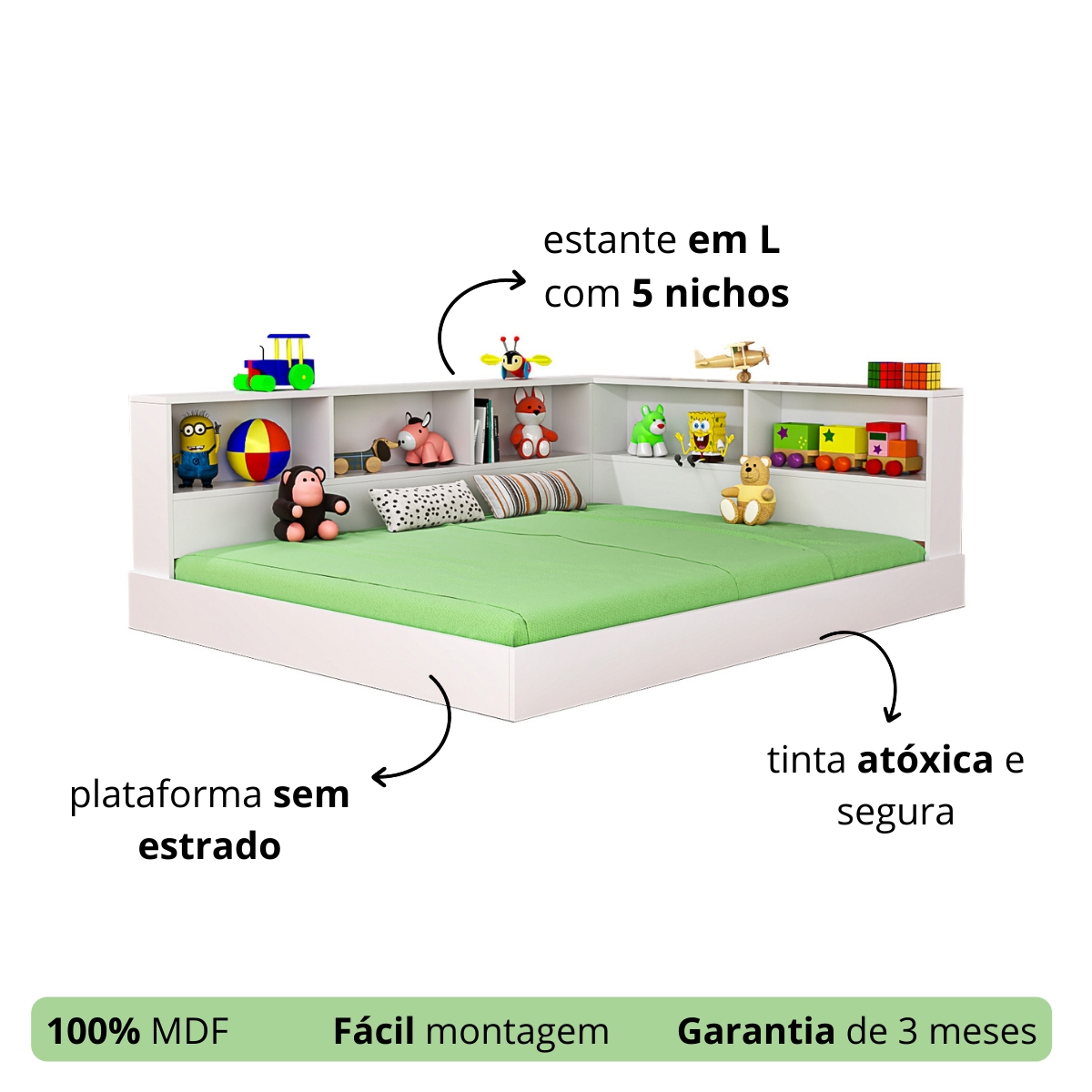 Cama Casal Plataforma Com Estante Em L Com Nichos Em MDF