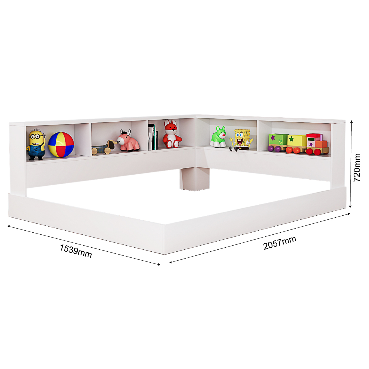 Cama Casal Plataforma Com Estante Em L Com Nichos Em MDF