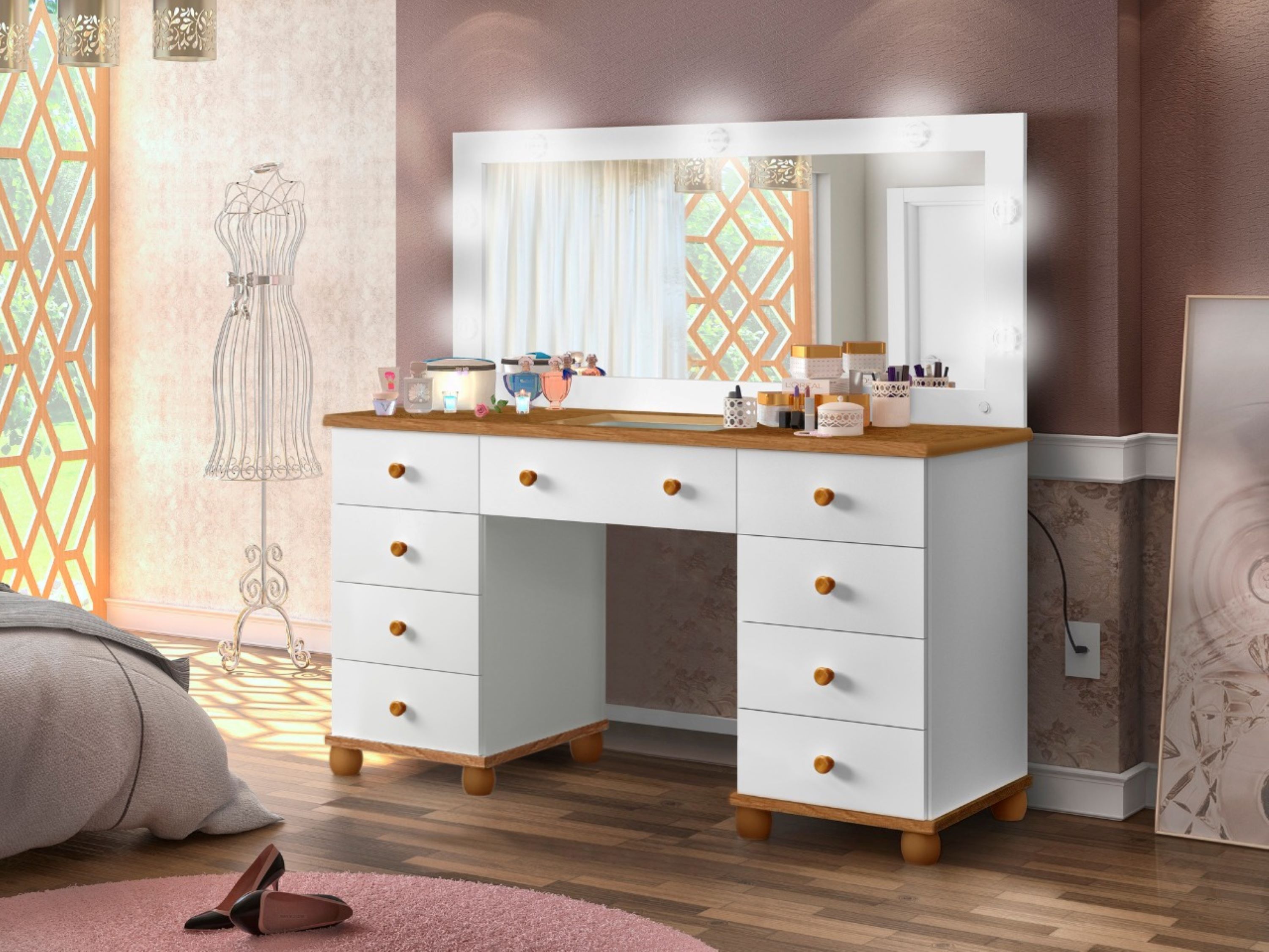 Penteadeira Camarim 9 Gavetas Elegante Branco Com Espelho e Led