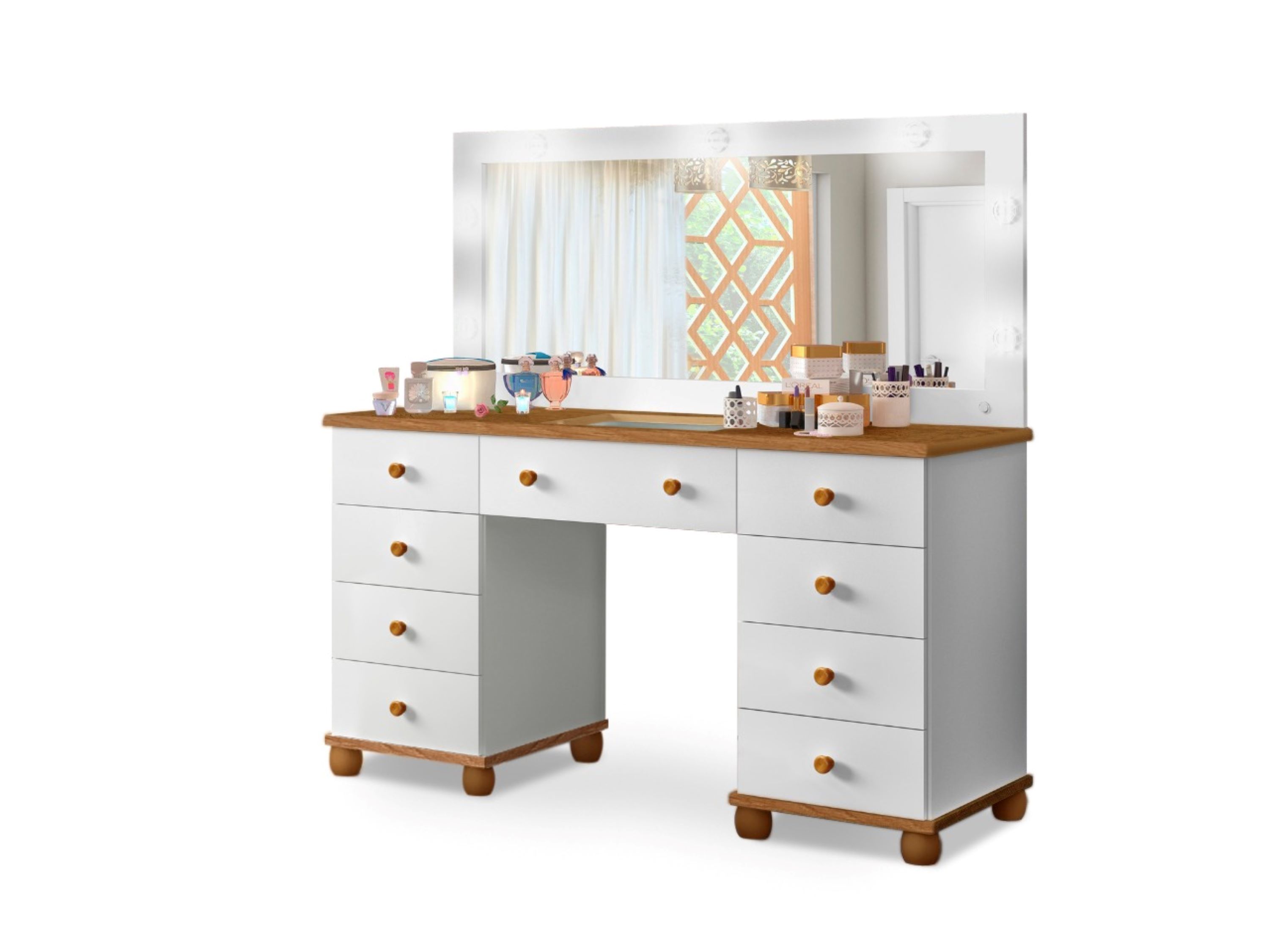 Penteadeira Camarim 9 Gavetas Elegante Branco Com Espelho e Led