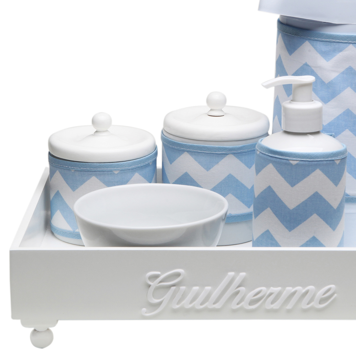Kit Higiene Candy Com Nome Azul Chevron Quarto Bebê Infantil Menino